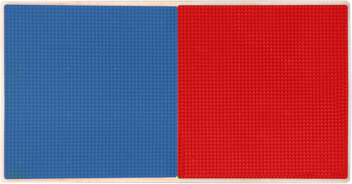 Rectangle Time-2-Play Table with a shelf, along with adjustable 18"-29" legs with locking casters and a LEGO® Compatible Grid of RED/BLUE Color