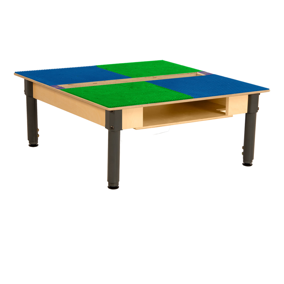 Square Time-2-Play Table with a trough and shelf, along with adjustable 12"-17" legs and a LEGO® Compatible Grid of BLUE/GREEN Color