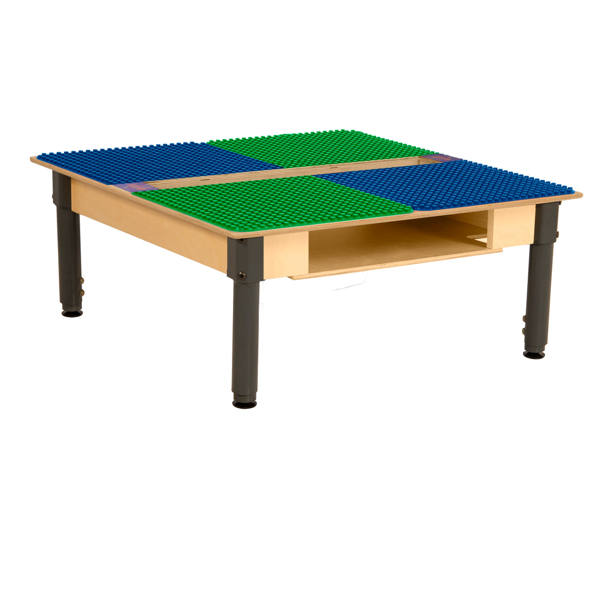 Square Time-2-Play Table with a trough and shelf, along with adjustable 18"-29" legs and a DUPLO® Compatible Grid of BLUE/GREEN Color