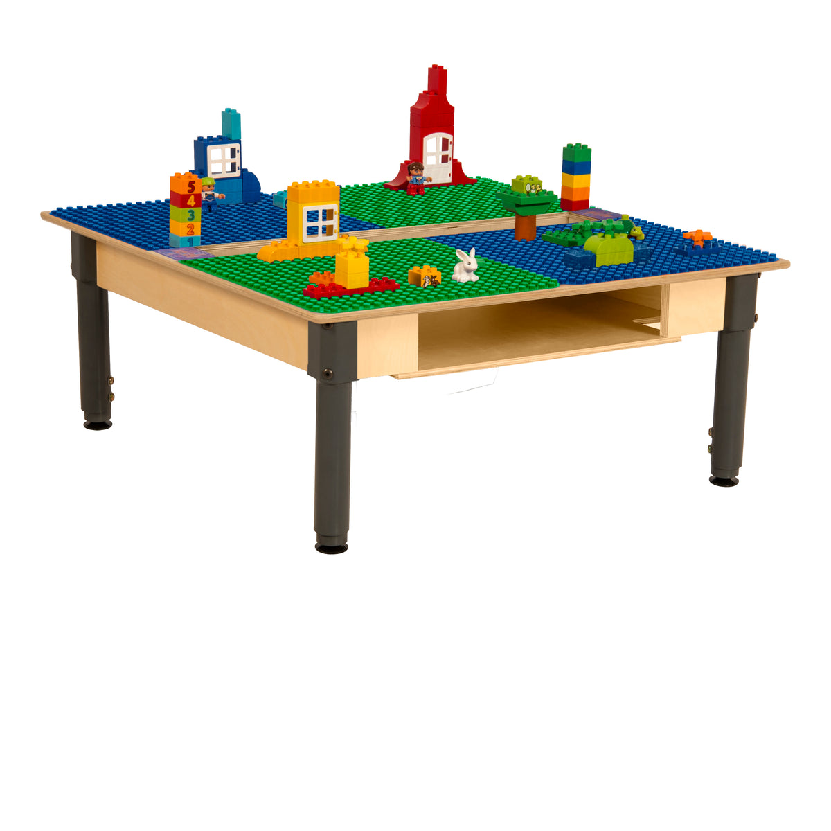 Square Time-2-Play Table with a trough and shelf, along with adjustable 18"-29" legs and a DUPLO® Compatible Grid of BLUE/GREEN Color