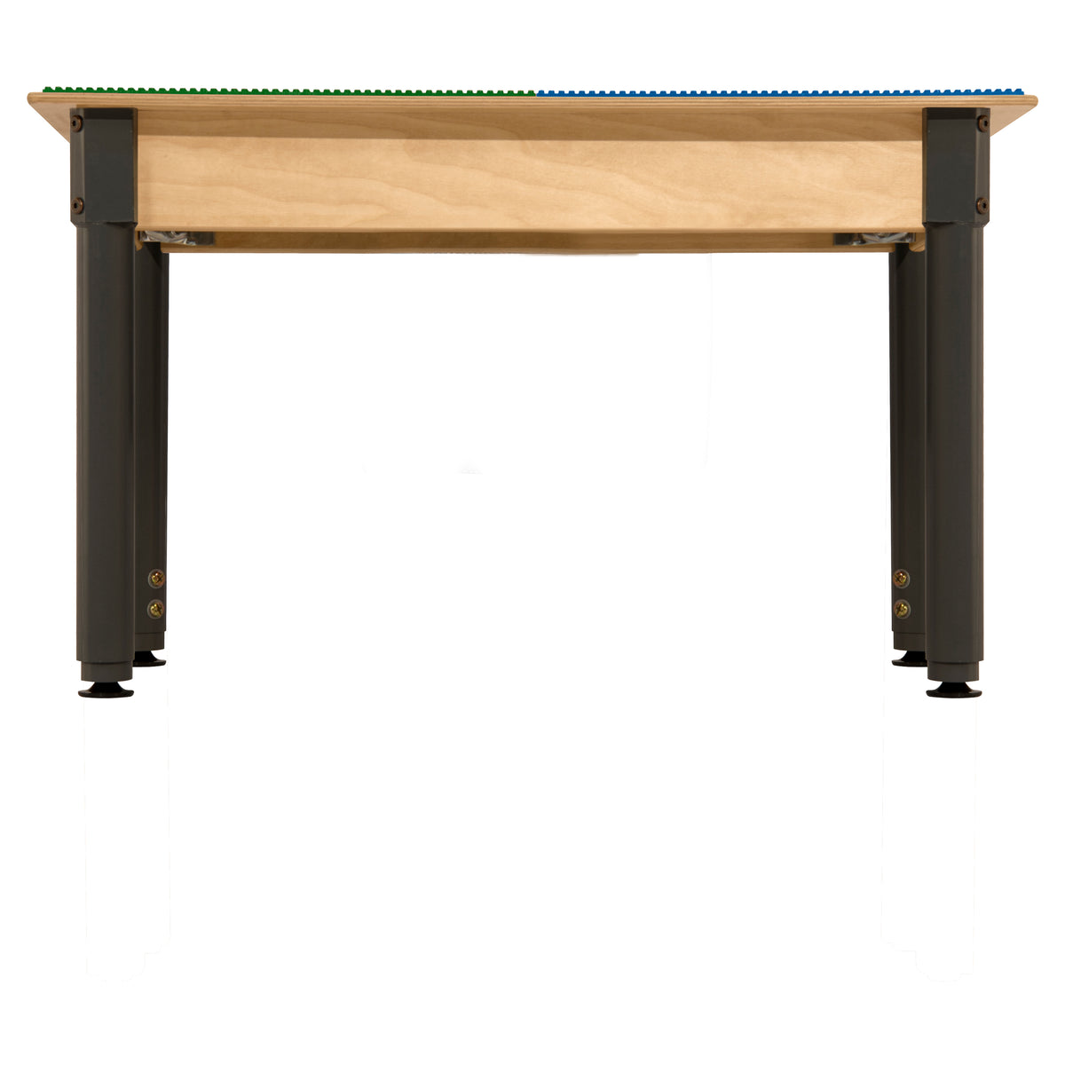 Square Time-2-Play Table with a trough and shelf, along with adjustable 18"-29" legs and a DUPLO® Compatible Grid of BLUE/GREEN Color