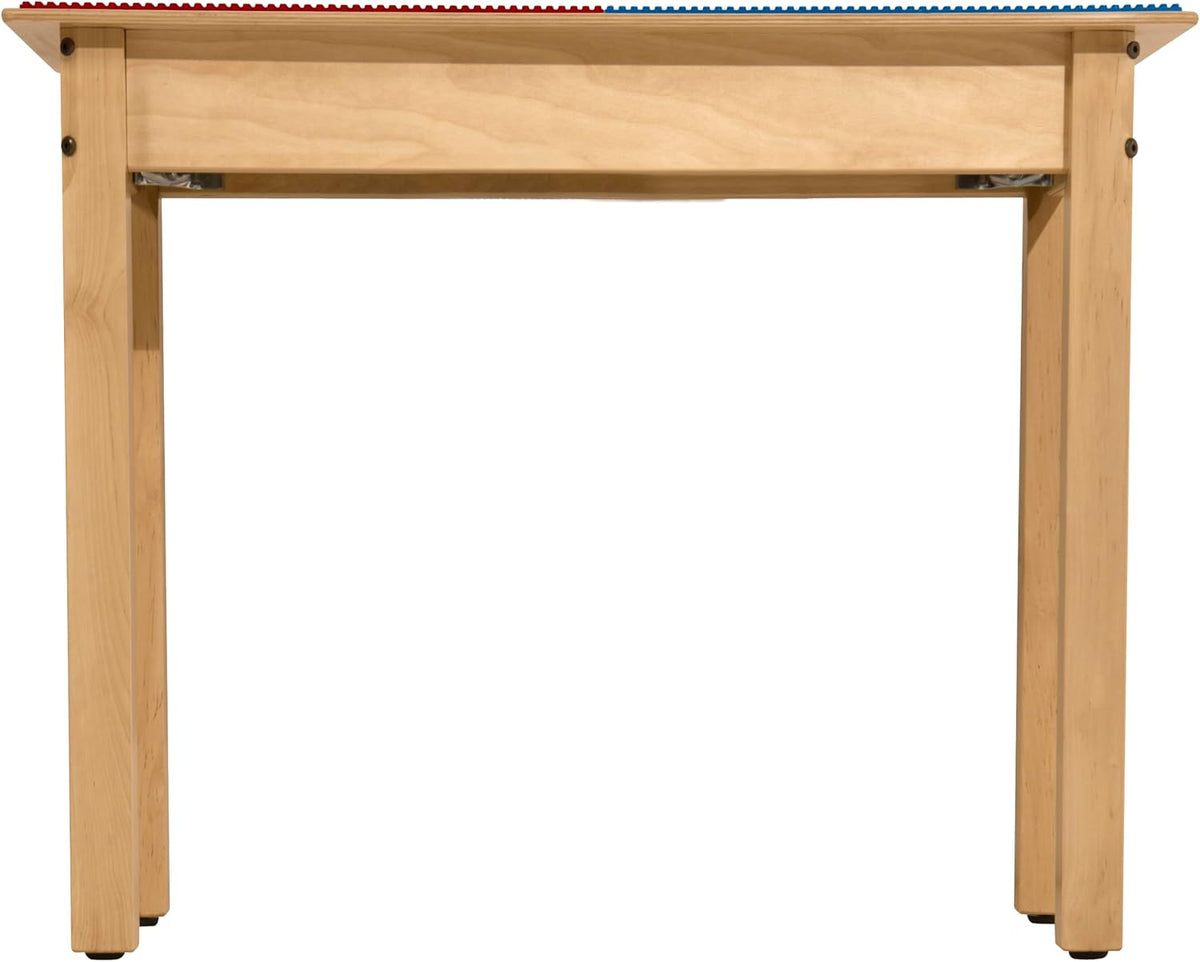 Square Time-2-Play Table with a trough and shelf, along with 22" legs and a LEGO® Compatible Grid of RED/BLUE Color