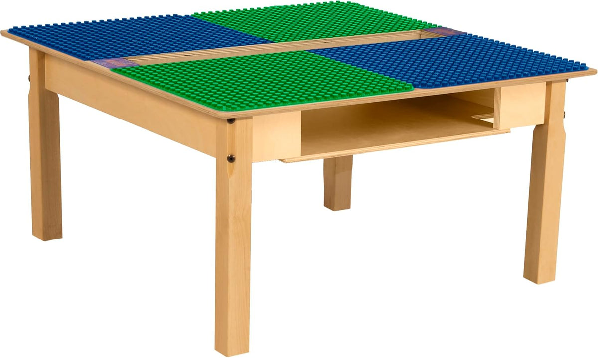 Square Time-2-Play Table with a trough and shelf, along with 16" legs and a DUPLO® Compatible Grid of BLUE/GREEN Color