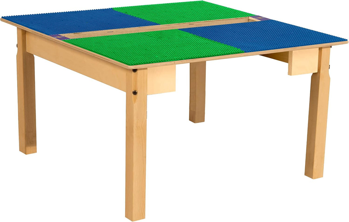 Square Time-2-Play Table with a trough, along with 18" legs and a LEGO® Compatible Grid of BLUE/GREEN Color