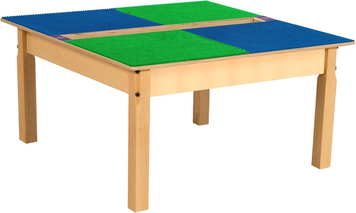 Square Time-2-Play Table with a trough, along with 16" legs and a DUPLO® Compatible Grid of BLUE/GREEN Color