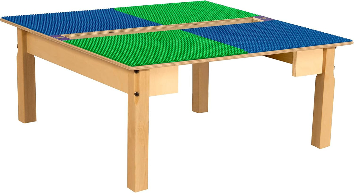 Square Time-2-Play Table with a trough, along with 14" legs and a LEGO® Compatible Grid of BLUE/GREEN Color