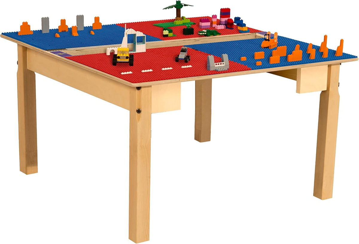 Square Time-2-Play Table with a trough, along with 18" legs and a LEGO® Compatible Grid of RED/BLUE Color