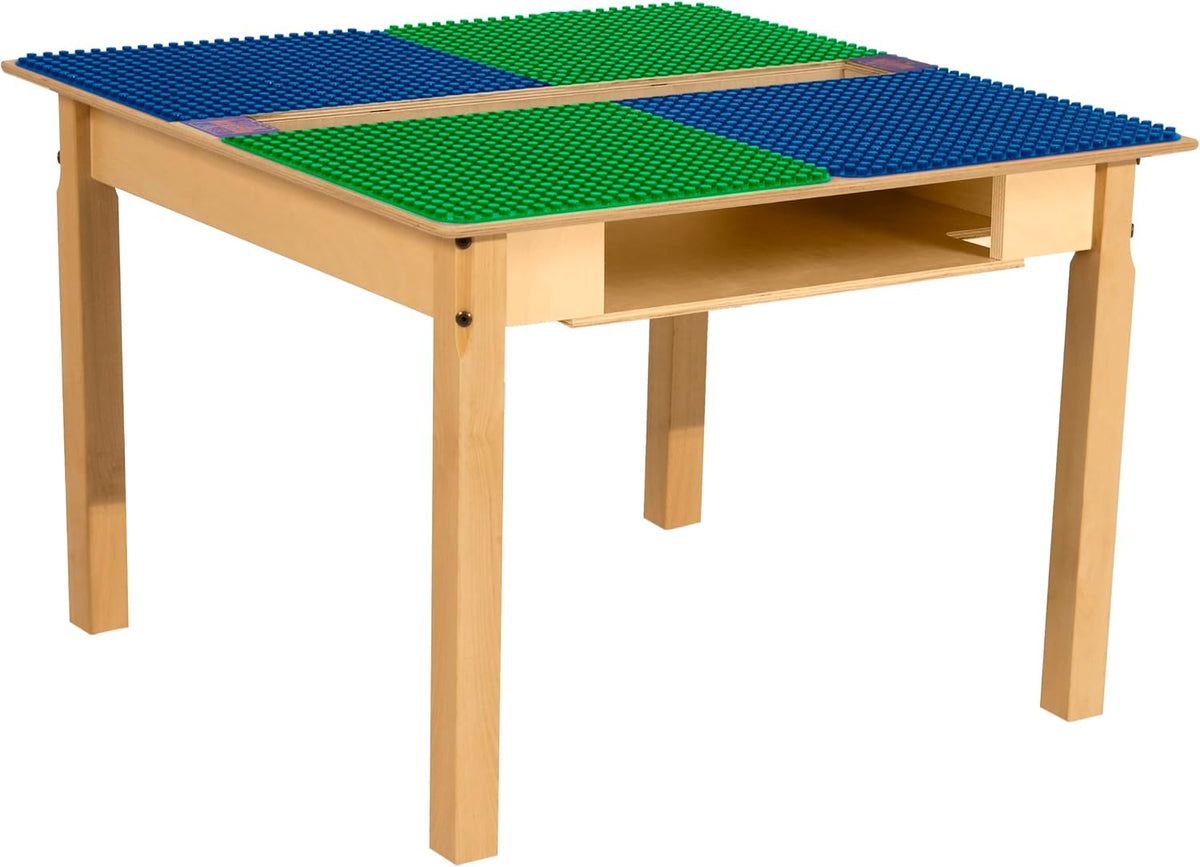 Square Time-2-Play Table with a trough and shelf, along with 20" legs and a DUPLO® Compatible Grid of BLUE/GREEN Color