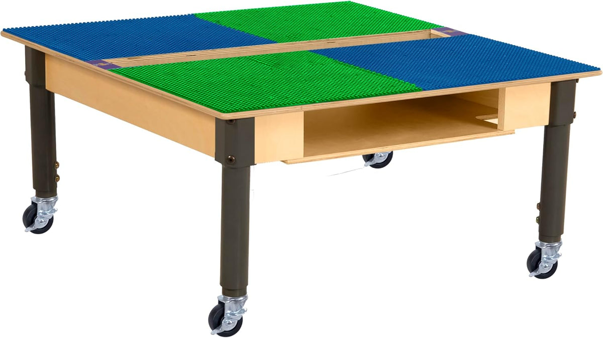 Square Time-2-Play Table with a trough and shelf, along with adjustable 12"-18" legs with locking casters and a LEGO® Compatible Grid of BLUE/GREEN Color