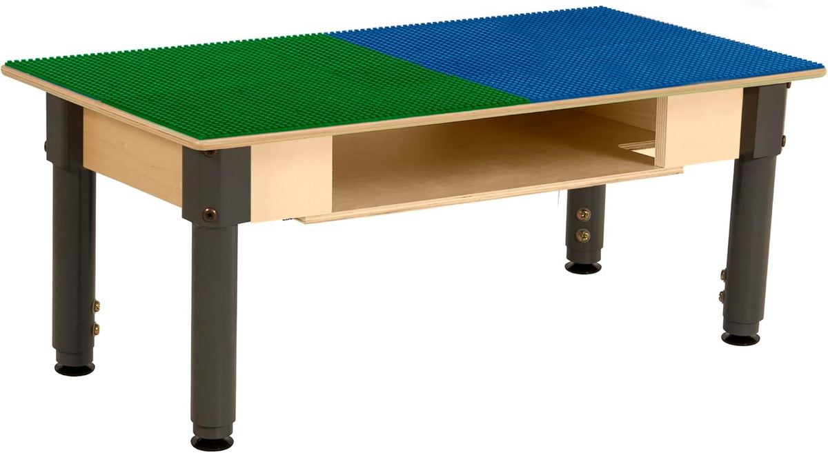 Rectangle Time-2-Play Table with a shelf, along with adjustable 12"-17" legs and a LEGO® Compatible Grid of BLUE/GREEN Color