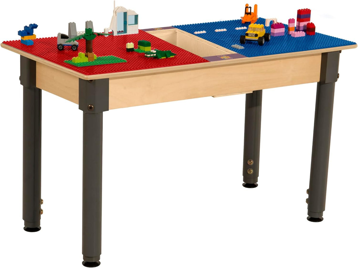 Rectangle Time-2-Play Table with a trough, along with adjustable 18"-29" legs and a LEGO® Compatible Grid of RED/BLUE Color
