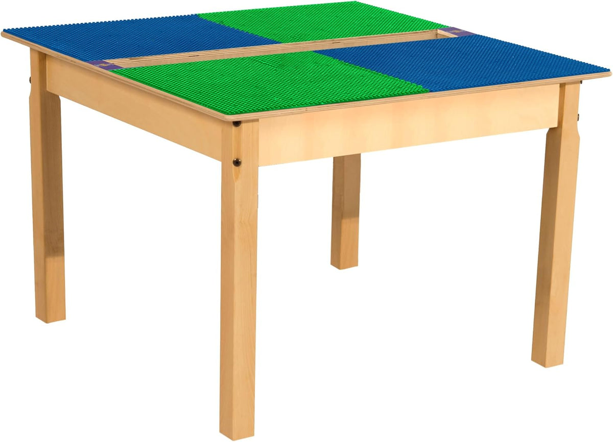 Square Time-2-Play Table with a trough, along with 20" legs and a DUPLO® Compatible Grid of BLUE/GREEN Color