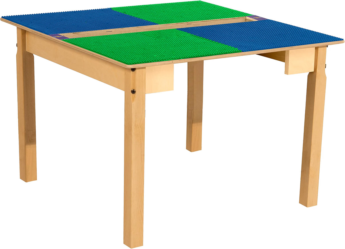 Square Time-2-Play Table with a trough, along with 22" legs and a LEGO® Compatible Grid of BLUE/GREEN Color