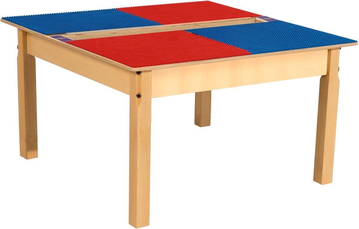 Square Time-2-Play Table with a trough, along with 18" legs and a DUPLO® Compatible Grid of RED/BLUE Color