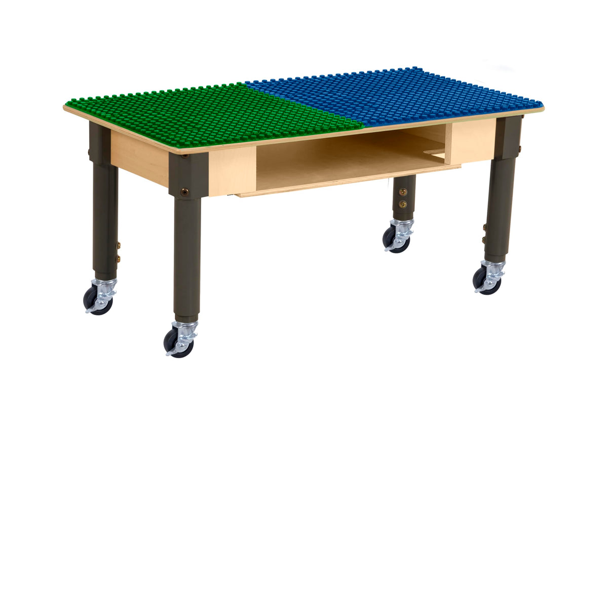 Rectangle Time-2-Play Table with a shelf, along with adjustable 18"-29" legs with locking casters and a DUPLO® Compatible Grid of BLUE/GREEN Color