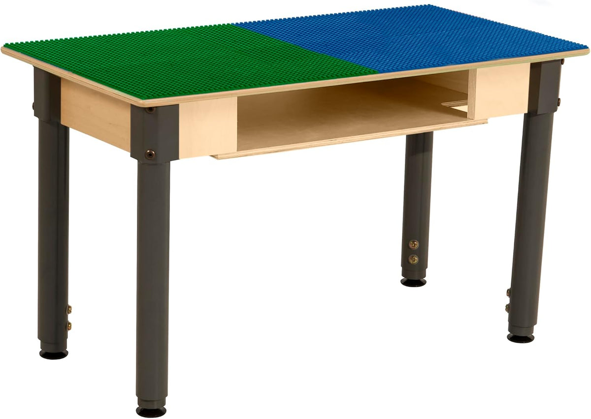 Rectangle Time-2-Play Table with a shelf, along with adjustable 18"-29" legs and a LEGO® Compatible Grid of BLUE/GREEN Color