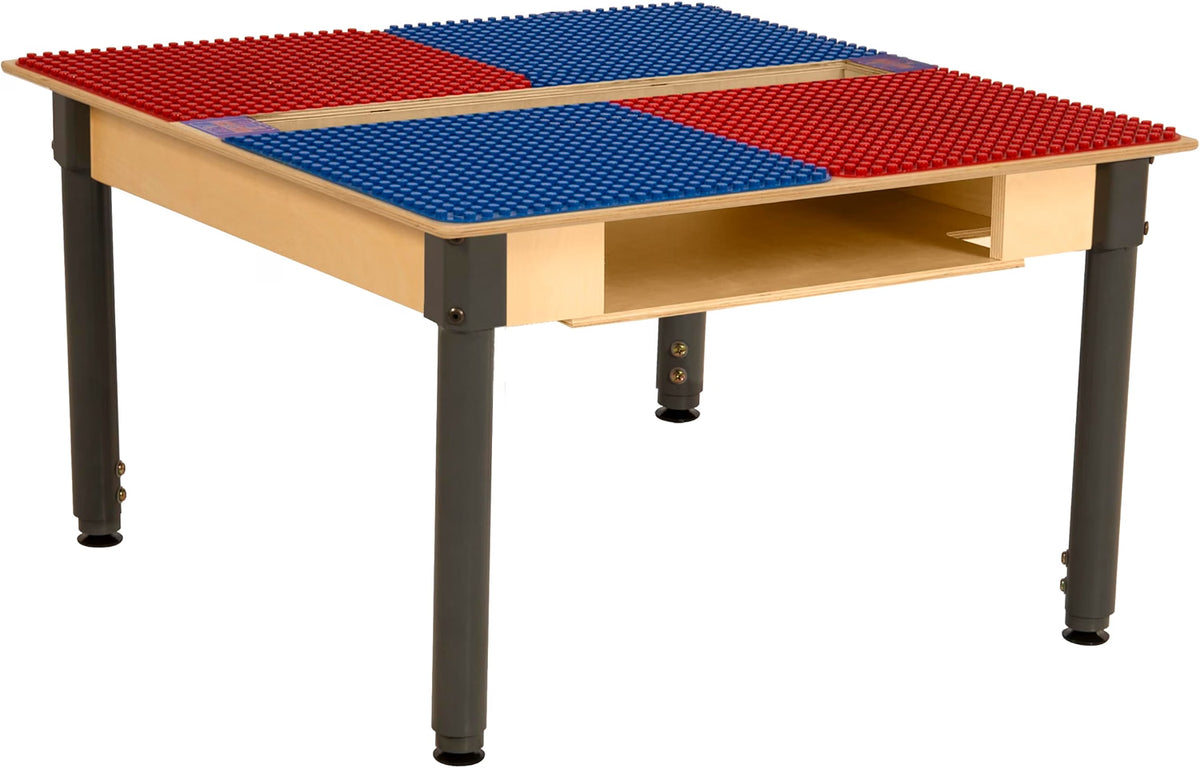 Square Time-2-Play Table with a trough and shelf, along with adjustable 18"-29" legs and a DUPLO® Compatible Grid of RED/BLUE Color