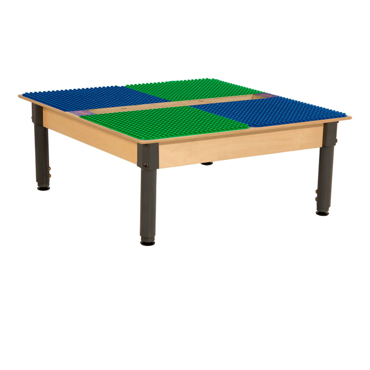 Square Time-2-Play Table with a trough, along with adjustable 12"-17" legs and a DUPLO® Compatible Grid of BLUE/GREEN Color