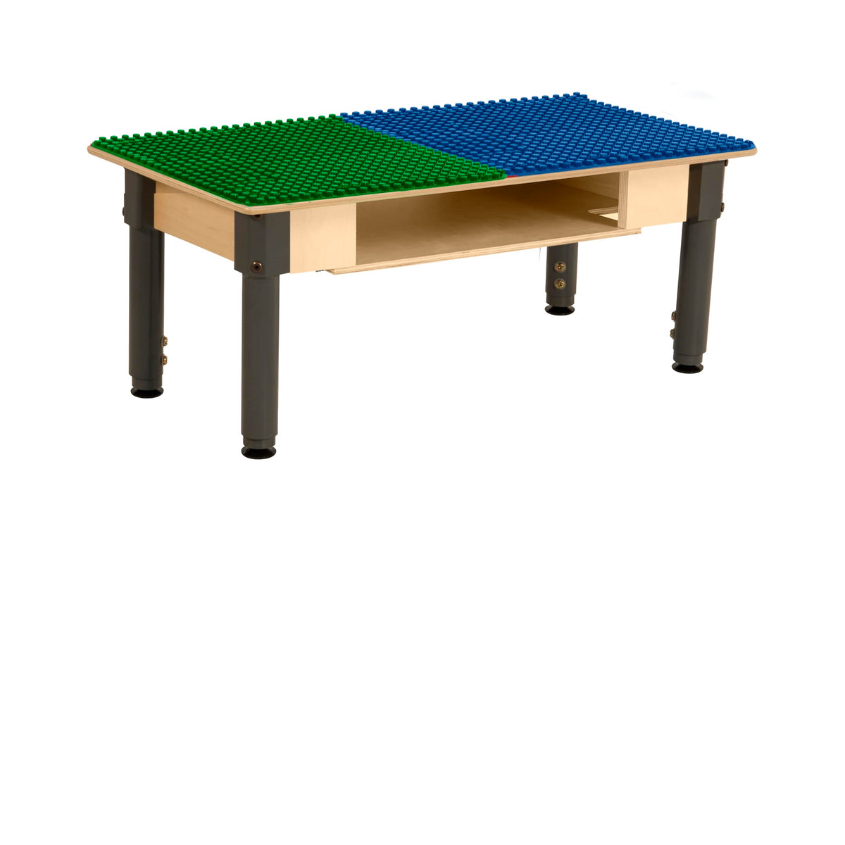 Rectangle Time-2-Play Table with a shelf, along with adjustable 12"-17" legs and a DUPLO® Compatible Grid of BLUE/GREEN Color
