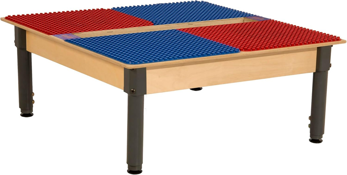 Square Time-2-Play Table with a trough, along with adjustable 12"-17" legs and a DUPLO® Compatible Grid of RED/BLUE Color