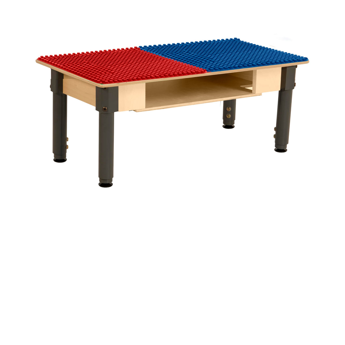Rectangle Time-2-Play Table with a shelf, along with adjustable 12"-17" legs and a DUPLO® Compatible Grid of RED/BLUE Color