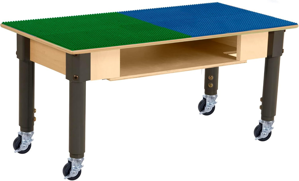 Rectangle Time-2-Play Table with a shelf, along with adjustable 12"-18" legs with locking casters and a LEGO® Compatible Grid of BLUE/GREEN Color