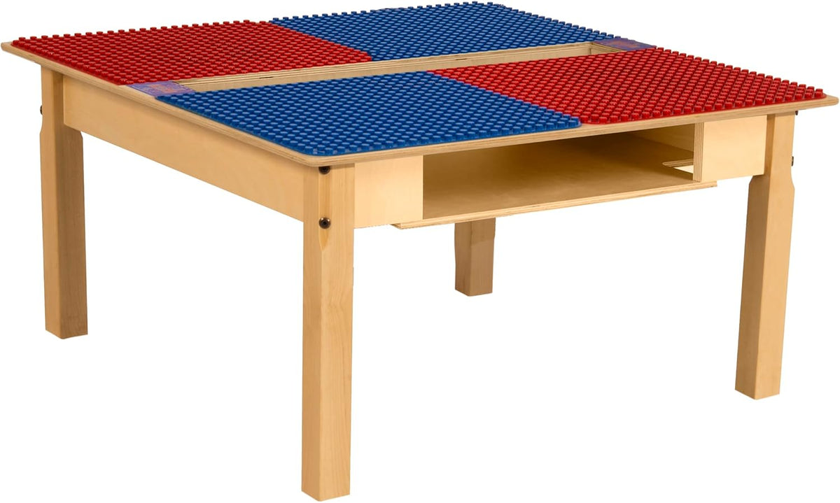 Square Time-2-Play Table with a trough and shelf, along with 16" legs and a DUPLO® Compatible Grid of RED/BLUE Color