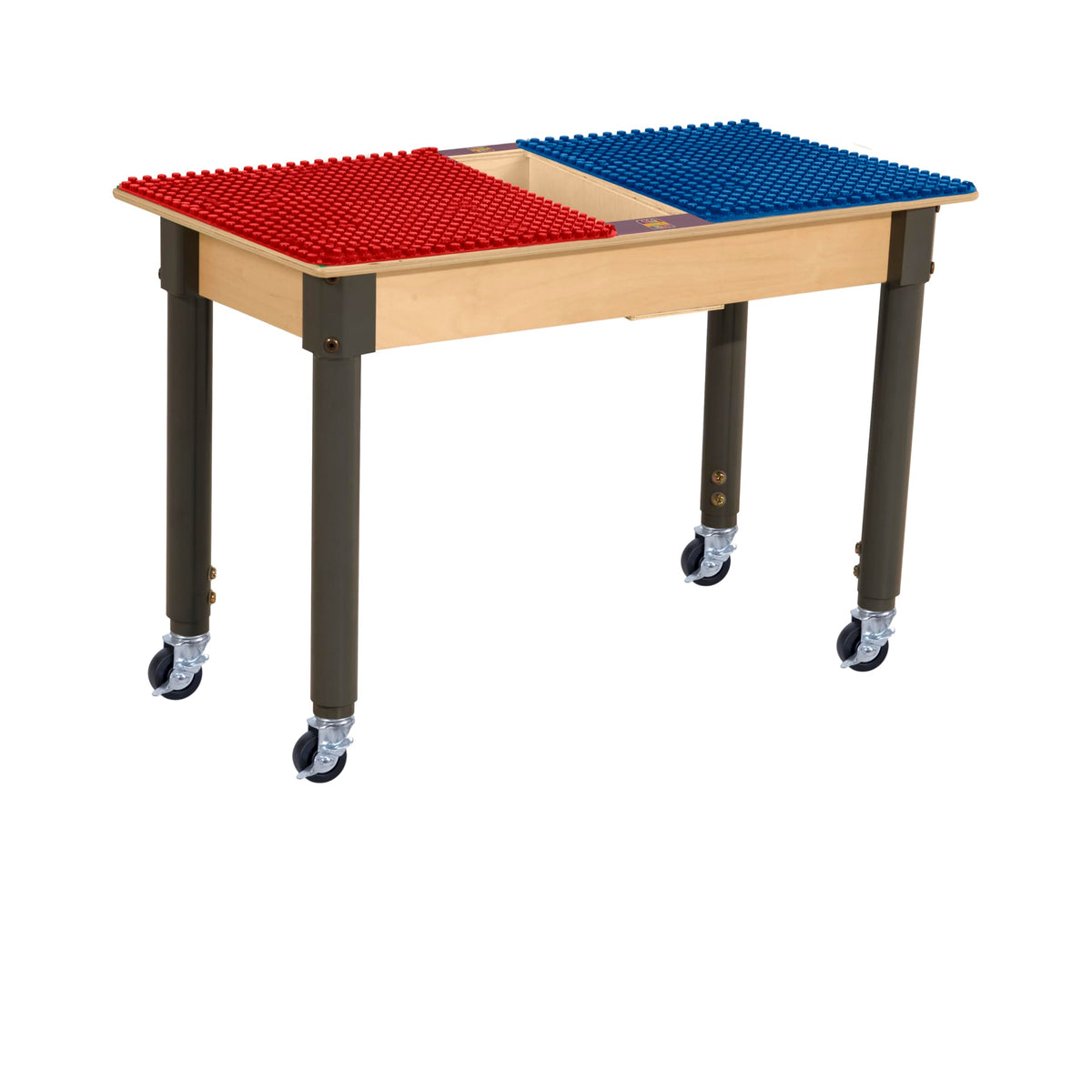 Rectangle Time-2-Play Table with a trough, along with adjustable 18"-29" legs with locking casters and a DUPLO® Compatible Grid of RED/BLUE Color