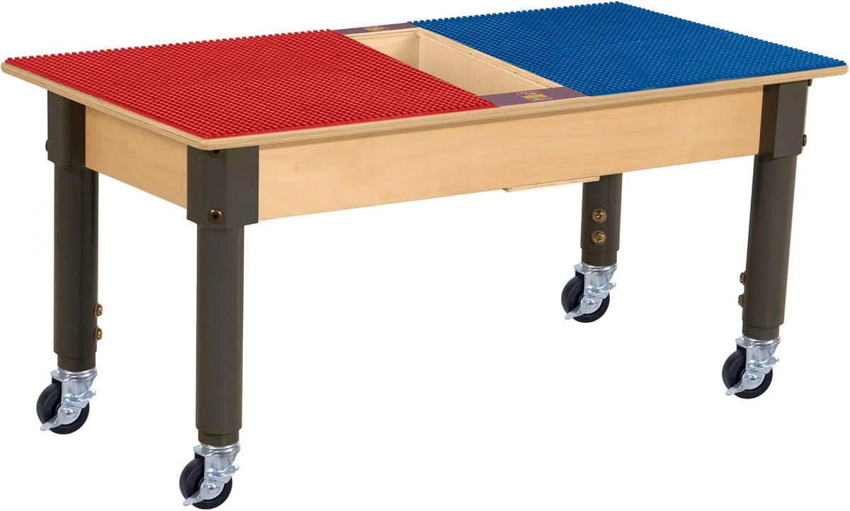 Rectangle Time-2-Play Table with a trough, along with adjustable 12"-17" legs with locking casters and a LEGO® Compatible Grid of RED/BLUE Color