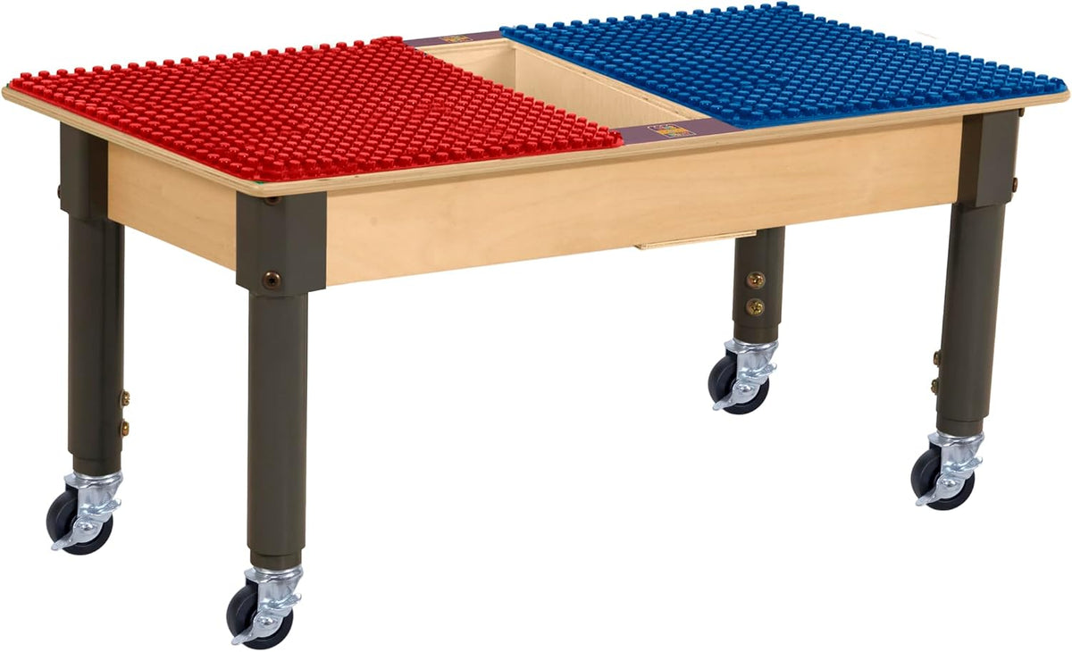 Rectangle Time-2-Play Table with a trough, along with adjustable 12"-17" legs with locking casters and a DUPLO® Compatible Grid of RED/BLUE Color