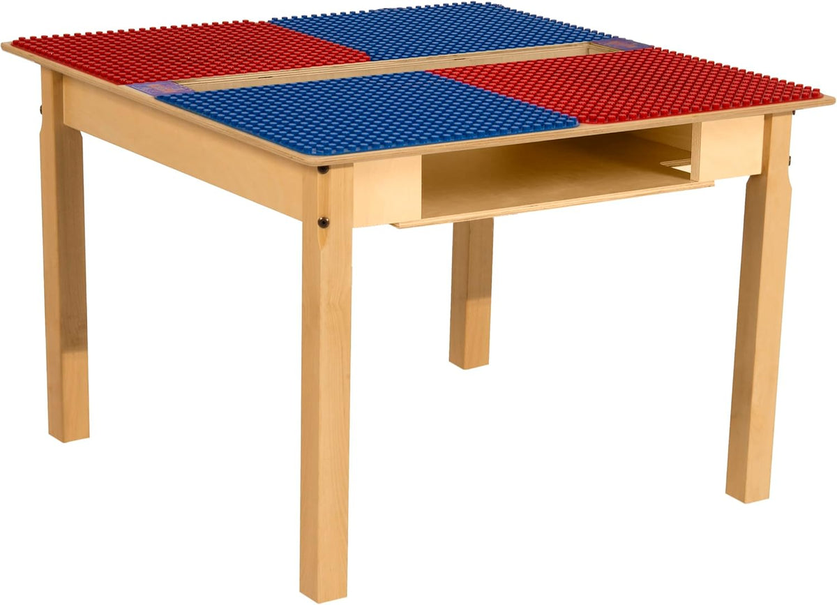 Square Time-2-Play Table with a trough and shelf, along with 22" legs and a DUPLO® Compatible Grid of RED/BLUE Color