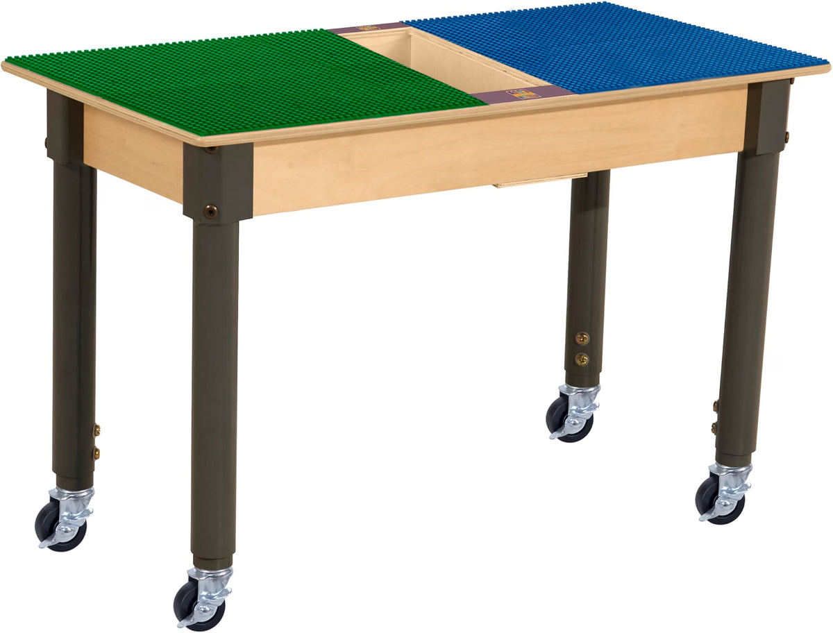 Rectangle Time-2-Play Table with a trough, along with adjustable 18"-29" legs with locking casters and a LEGO® Compatible Grid of BLUE/GREEN Color