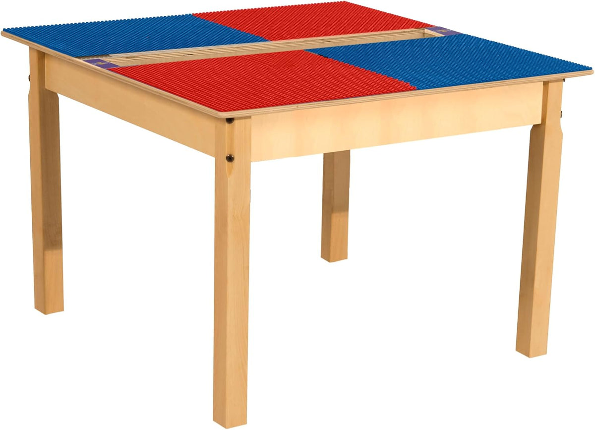 Square Time-2-Play Table with a trough, along with 22" legs and a DUPLO® Compatible Grid of RED/BLUE Color