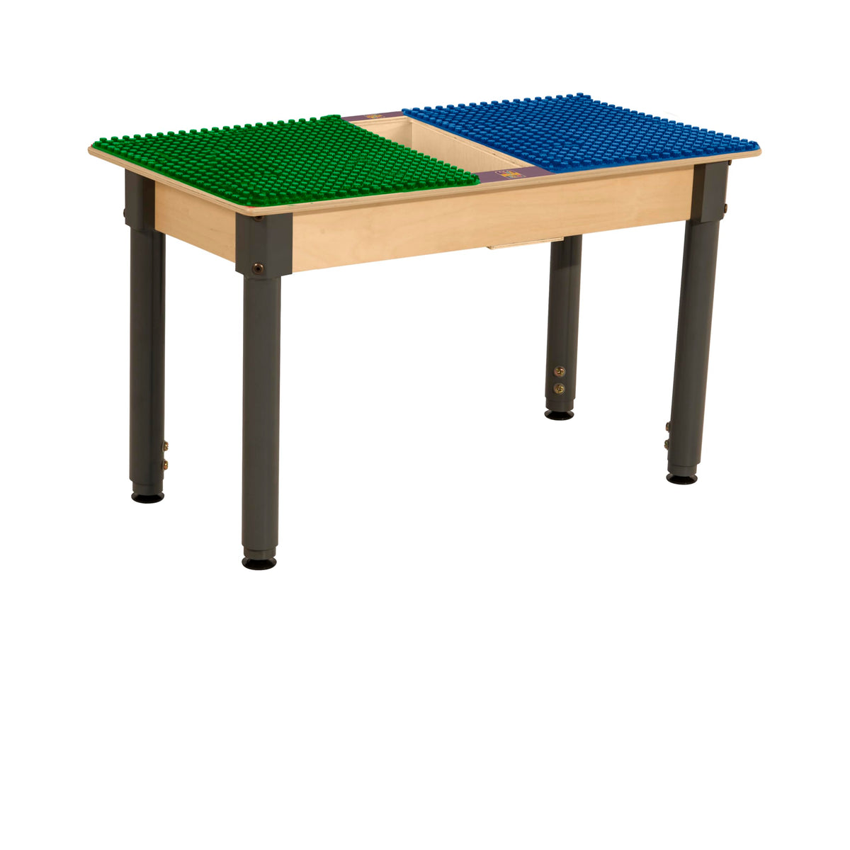 Rectangle Time-2-Play Table with a trough, along with adjustable 18"-29" legs and a DUPLO® Compatible Grid of BLUE/GREEN Color