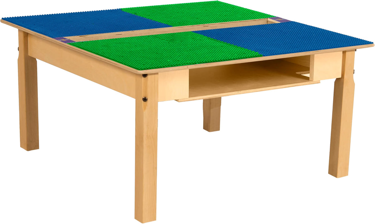 Square Time-2-Play Table with a trough and shelf, along with 16" legs and a LEGO® Compatible Grid of BLUE/GREEN Color