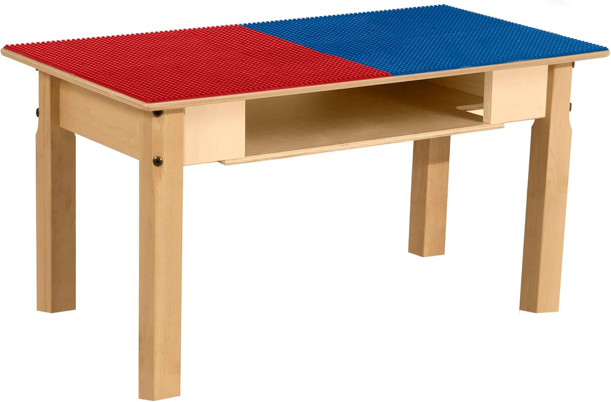Rectangle Time-2-Play Table with a shelf, along with 16" legs and a LEGO® Compatible Grid of RED/BLUE Color