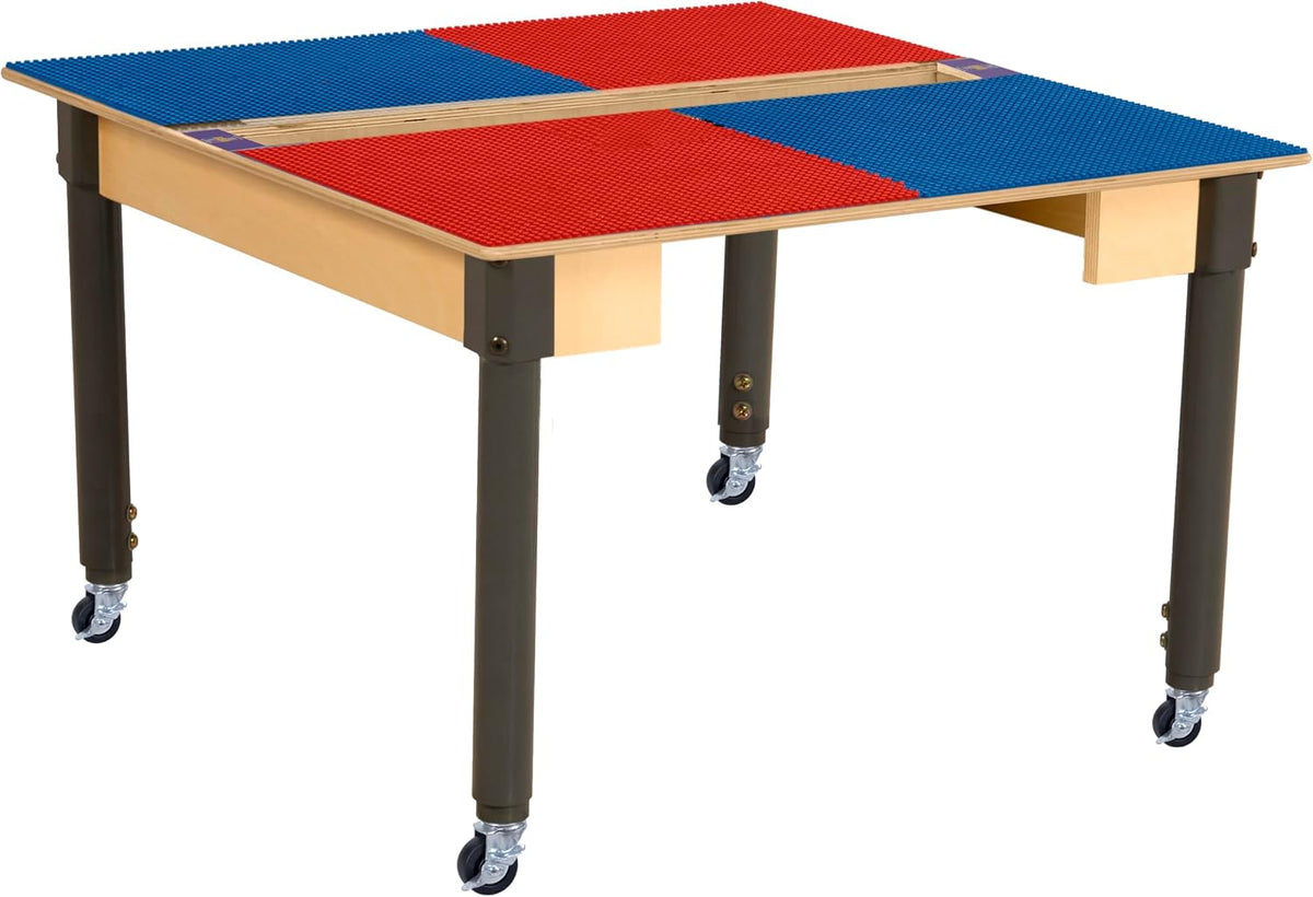 Square Time-2-Play Table with a trough, along with adjustable 18"-29" legs with locking casters and a LEGO® Compatible Grid of RED/BLUE Color