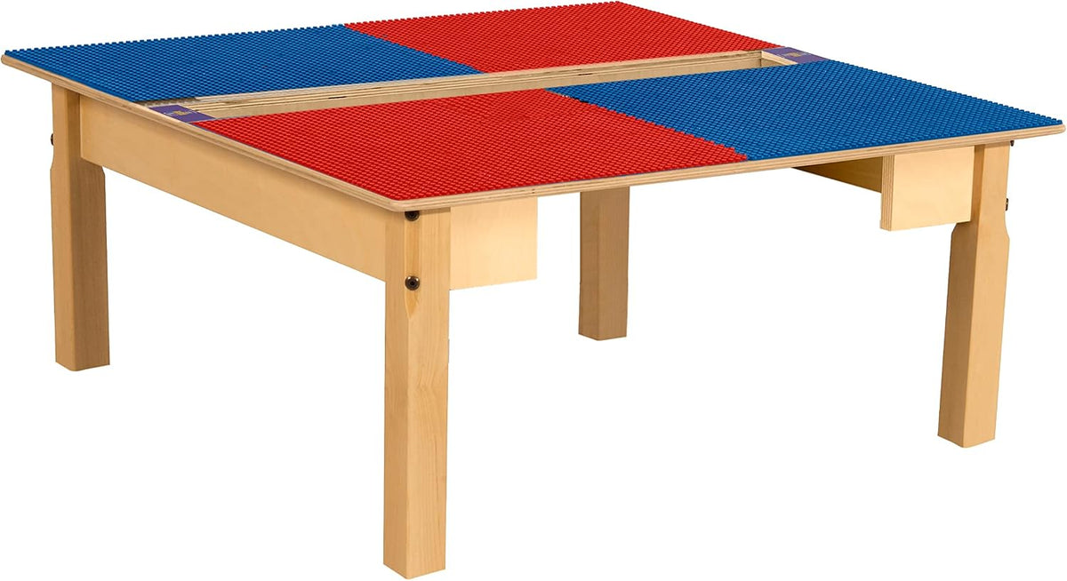 Square Time-2-Play Table with a trough, along with 14" legs and a LEGO® Compatible Grid of RED/BLUE Color
