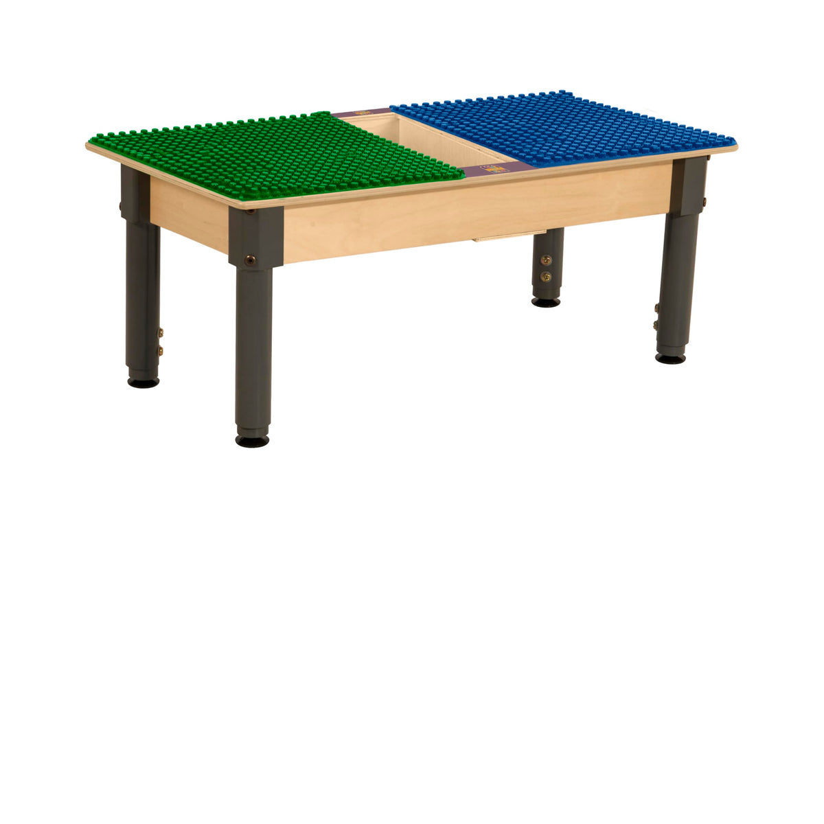 Rectangle Time-2-Play Table with a trough, along with adjustable 12"-17" legs and a DUPLO® Compatible Grid of BLUE/GREEN Color