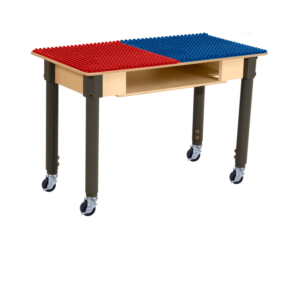 Rectangle Time-2-Play Table with a shelf, along with adjustable 18"-29" legs with locking casters and a DUPLO® Compatible Grid of RED/BLUE Color