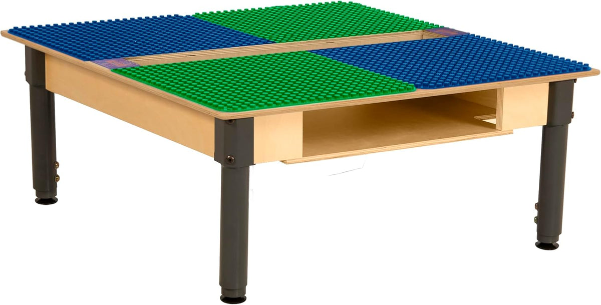 Square Time-2-Play Table with a trough and shelf, along with adjustable 12"-17" legs and a DUPLO® Compatible Grid of BLUE/GREEN Color