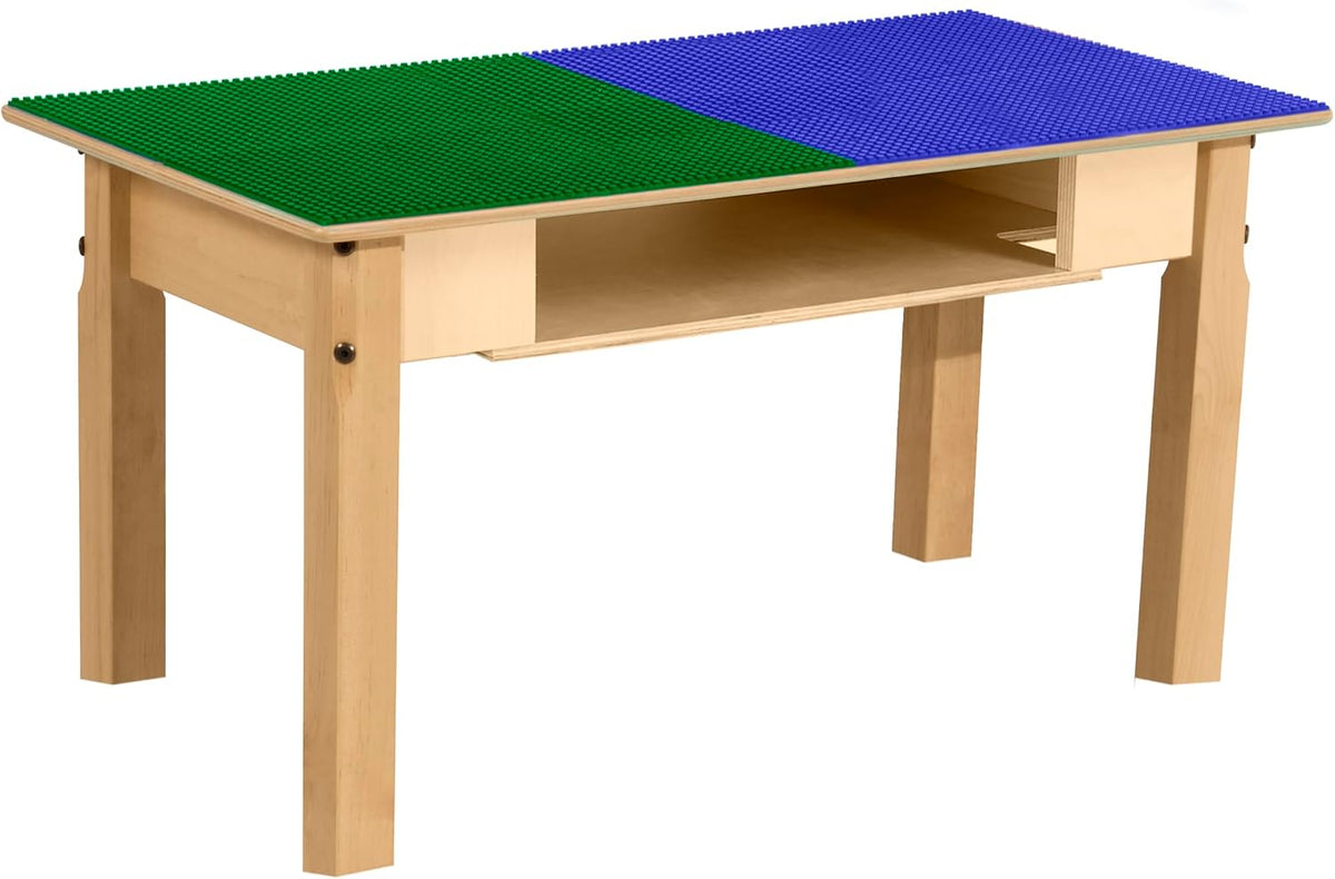 Rectangle Time-2-Play Table with a shelf, along with 16" legs and a LEGO® Compatible Grid of BLUE/GREEN Color