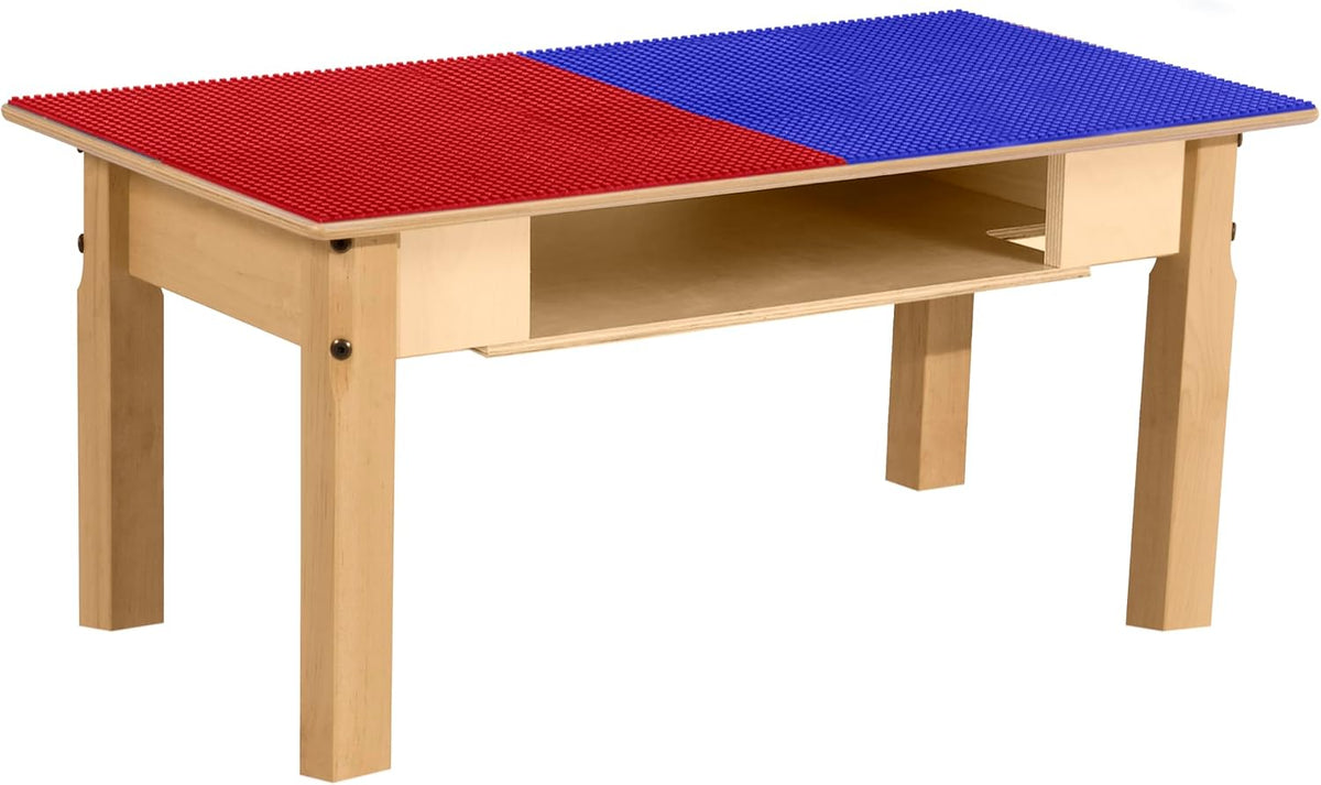 Rectangle Time-2-Play Table with a shelf, along with 14" legs and a LEGO® Compatible Grid of RED/BLUE Color