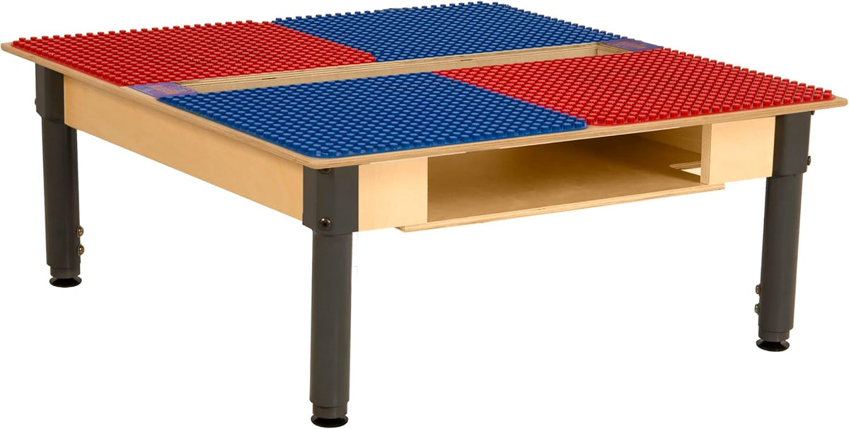 Square Time-2-Play Table with a trough and shelf, along with adjustable 12"-17" legs and a DUPLO® Compatible Grid of RED/BLUE Color