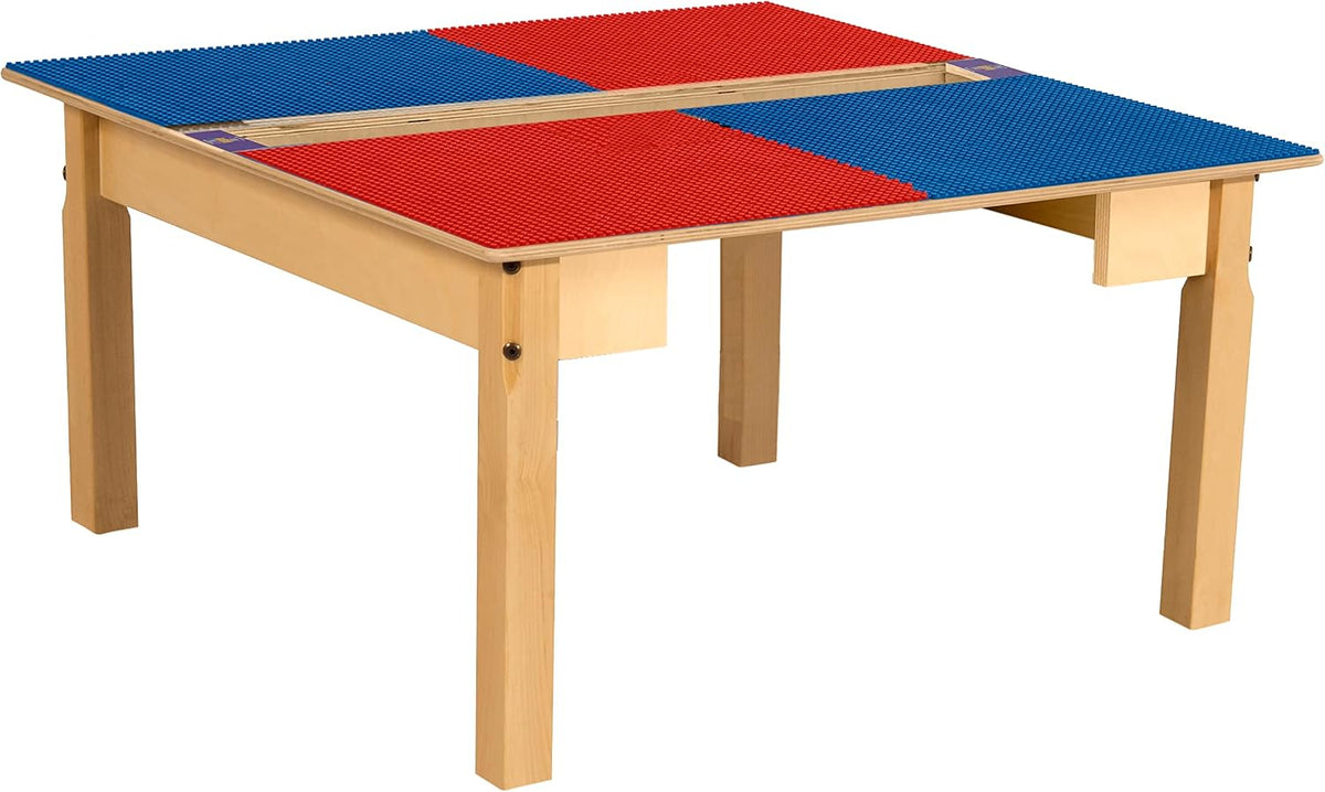 Square Time-2-Play Table with a trough, along with 16" legs and a LEGO® Compatible Grid of RED/BLUE Color