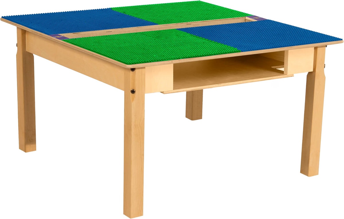 Square Time-2-Play Table with a trough and shelf, along with 18" legs and a LEGO® Compatible Grid of BLUE/GREEN Color