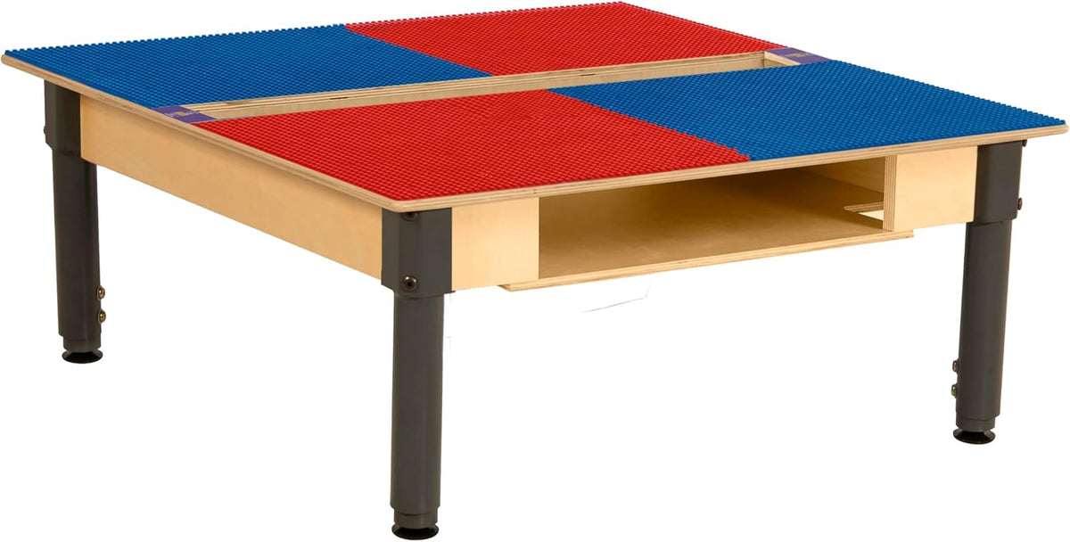 Square Time-2-Play Table with a trough and shelf, along with adjustable 12"-17" legs and a LEGO® Compatible Grid of RED/BLUE Color