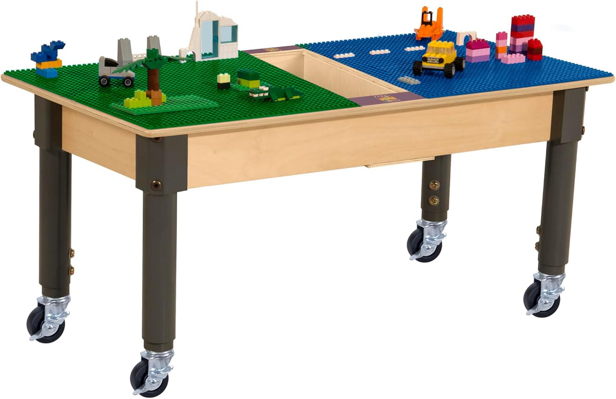Rectangle Time-2-Play Table with a trough, along with adjustable 12"-18" legs with locking casters and a LEGO® Compatible Grid of BLUE/GREEN Color