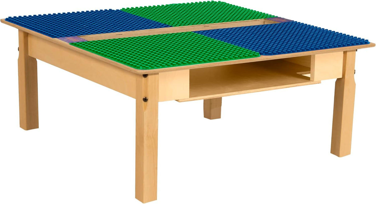 Square Time-2-Play Table with a trough and shelf, along with 14" legs and a DUPLO® Compatible Grid of BLUE/GREEN Color