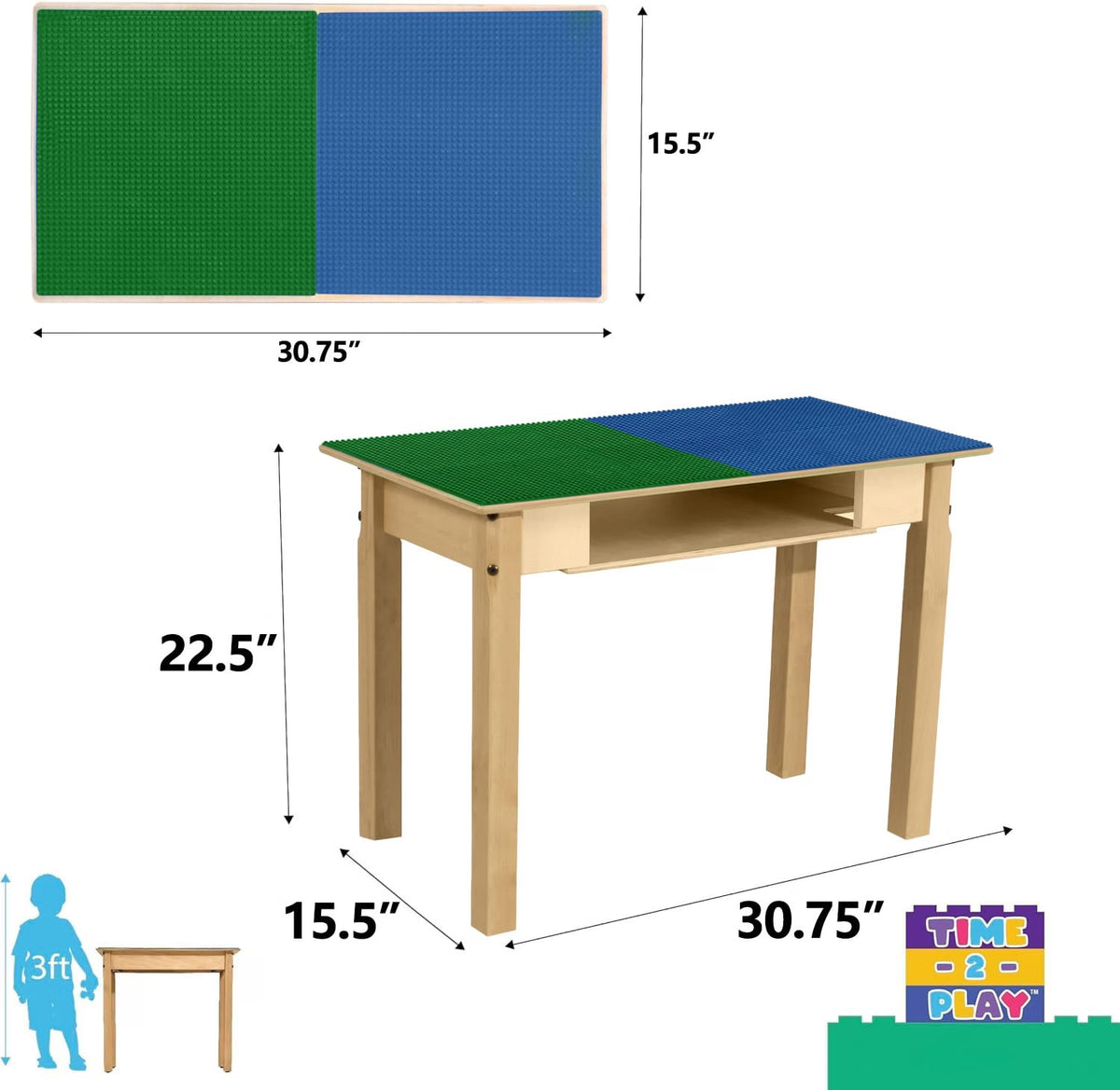 Rectangle Time-2-Play Table with a shelf, along with 22" legs and a LEGO® Compatible Grid of BLUE/GREEN Color